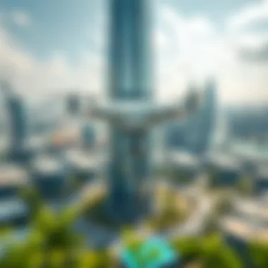 Drone view displaying the infrastructure surrounding Donna Tower