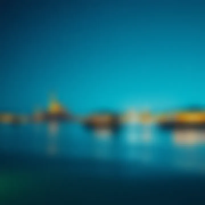 Panoramic view of La Mer's architecture against the night sky