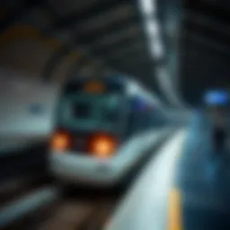 A modern metro train gliding through a station in Dubai