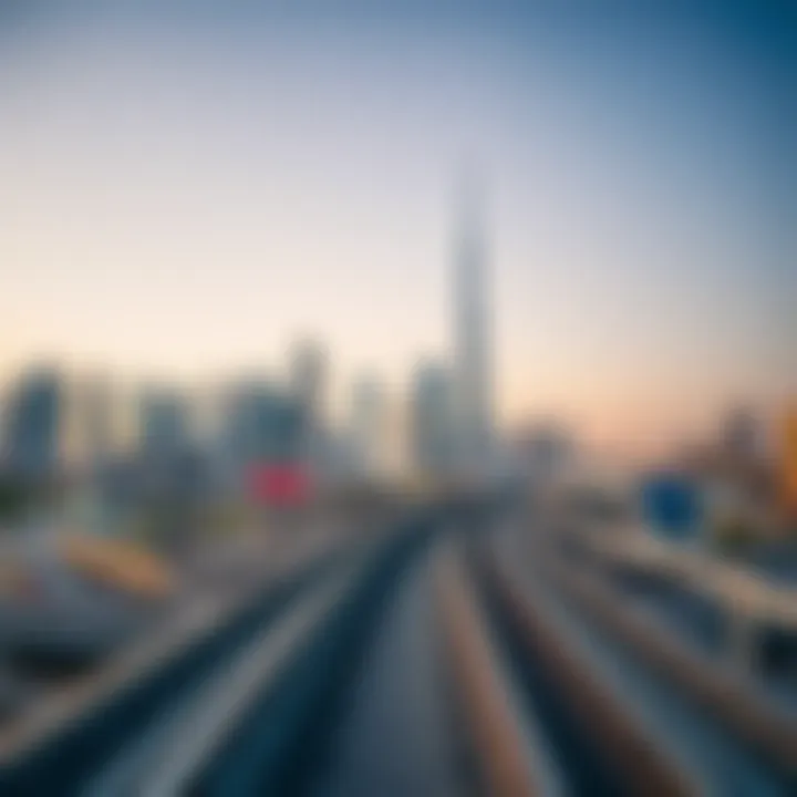 A skyline view of Dubai with metro lines prominently featured