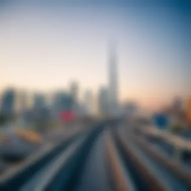 Dubai Skyline with Metro Lines A skyline view of Dubai with metro lines prominently featured