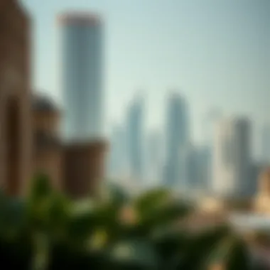 Juxtaposition of History and Modernity in Dubai Historical site juxtaposed with a futuristic urban landscape